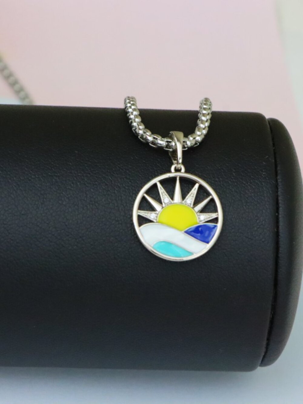 Round Silver Pendant with Colorful Sun and Wave Enamel Design, XPPT1867 - Picture 7 of 11